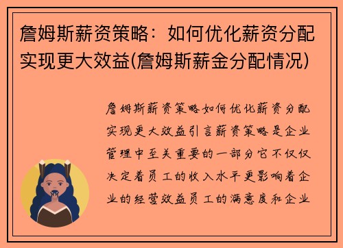 詹姆斯薪资策略：如何优化薪资分配实现更大效益(詹姆斯薪金分配情况)